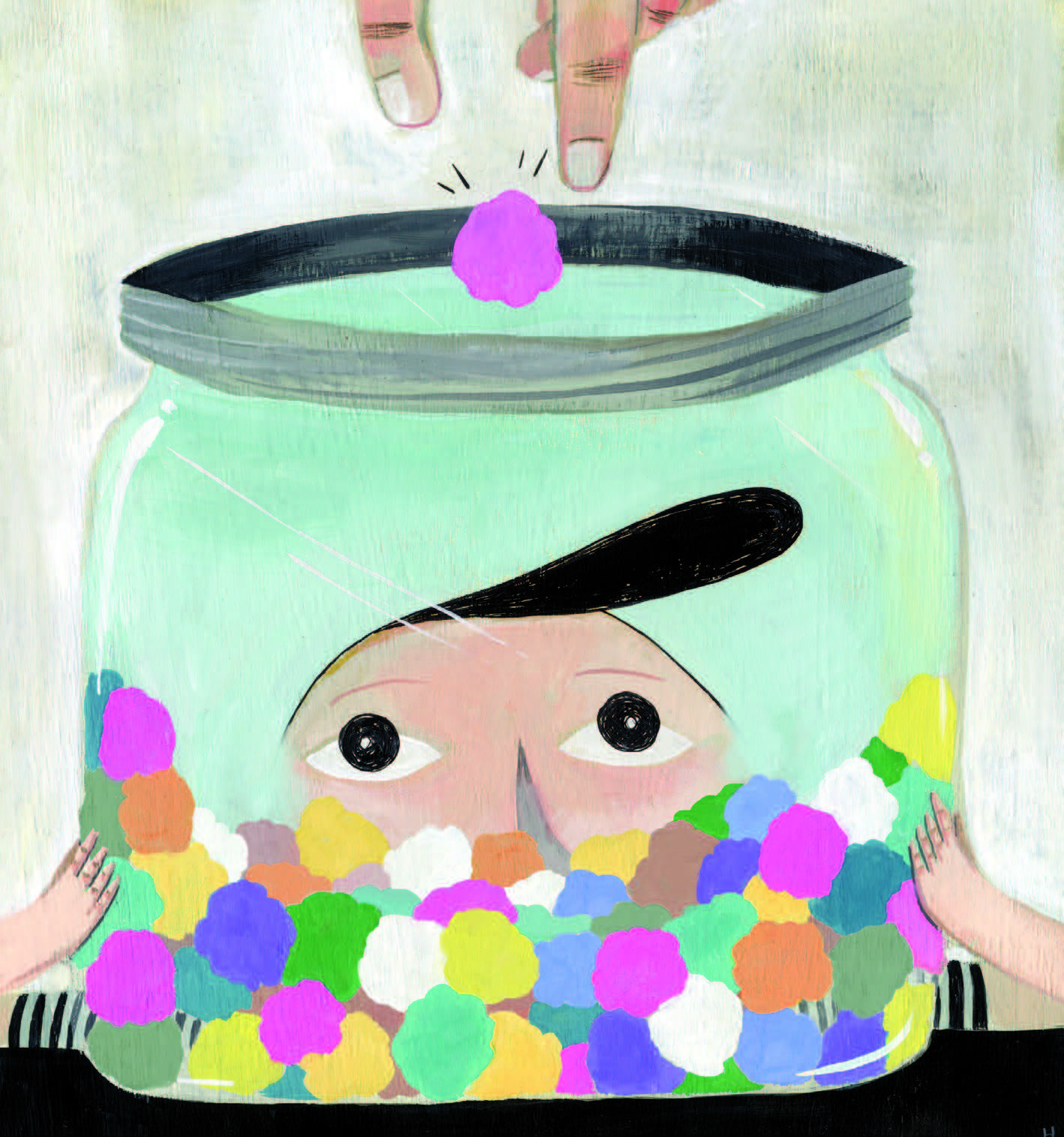 An illustrated image of a child looking at a jar filled with colourful pompoms.