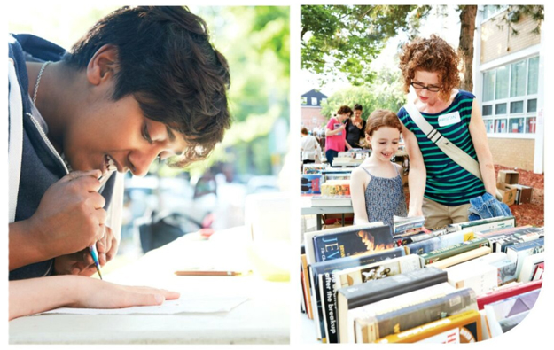 A photo collage of volunteers in action at the annual Picnic for the Arts fundraiser at Huron Street Public School in Toronto.