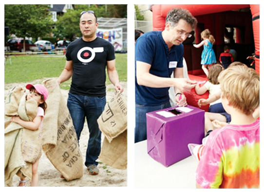A photo collage of volunteers in action at the annual Picnic for the Arts fundraiser at Huron Street Public School in Toronto.