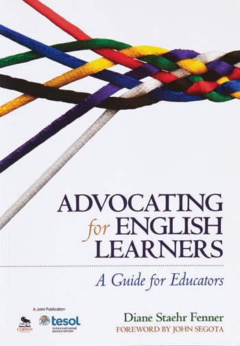 An image of the book cover for 'Advocating for English Learners'. The cover image is a series of multi-coloured strings wound together.