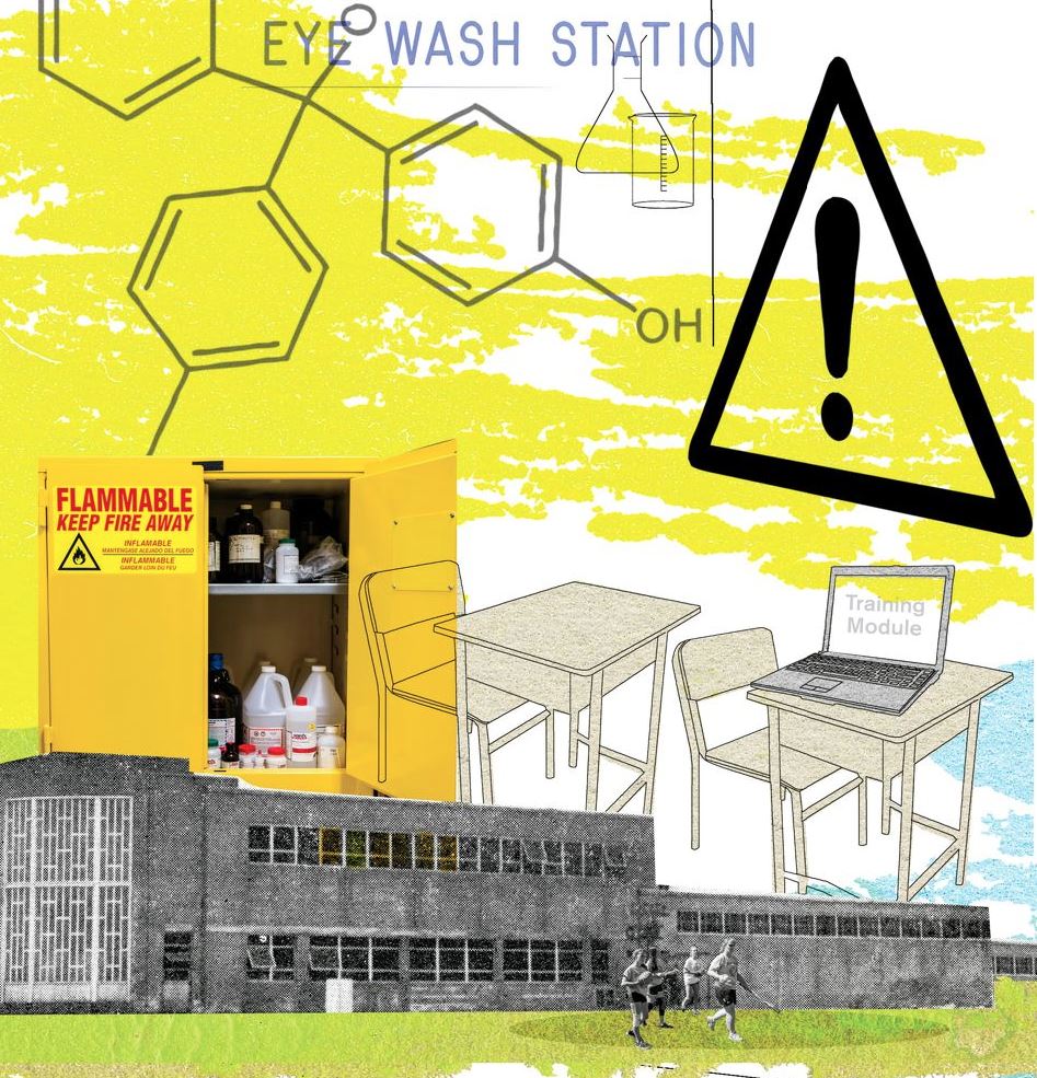 A superimposed photo of a chemical storage cabinet on a background image of a school with students running. There is a large hazard icon overlaid.