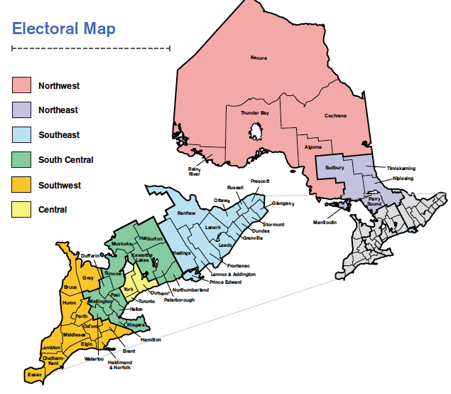 Illustration of the Ontario College of Teacher electoral ridings in Ontario. The illustration of Ontario is divided into six sections: Northwest, Northeast, Southeast, South Central, Southwest, Central.

Each of the electoral ridings are composed as follows:

Northwest includes Kenora, Rainy River, Thunder Bay, Cochrane and Algoma.

Northeast includes Sudbury, Timiskaming, Nipissing, Parry Sound and Manitoulin.

Southeast contains Glengarry, Prescott, Stormont, Dundas, Grenville, Leeds, Lanark, Ottawa, Russell, Renfrew, Hastings, Frontenac, Lennox and Addington and Prince Edward.

South Central includes Haliburton, Muskoka, Kawartha Lakes, Simcoe, Peel, Wellington, Waterloo, Haldimand and Norfolk, Niagara and Northumberland.

Southwest includes Grey, Bruce, Huron, Perth, Oxford, Brant, Haldimand & Norfolk, Waterloo, Elgin, Middlesex, Lambton, Chatham-Kent and Essex.

Central includes York, Toronto and Durham.