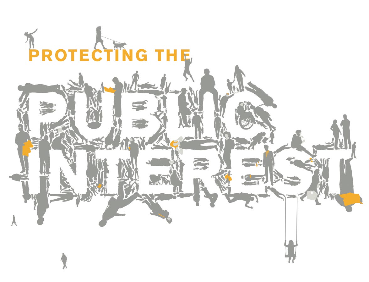 Illustrated text that says, "Protecting the Public Interest." 