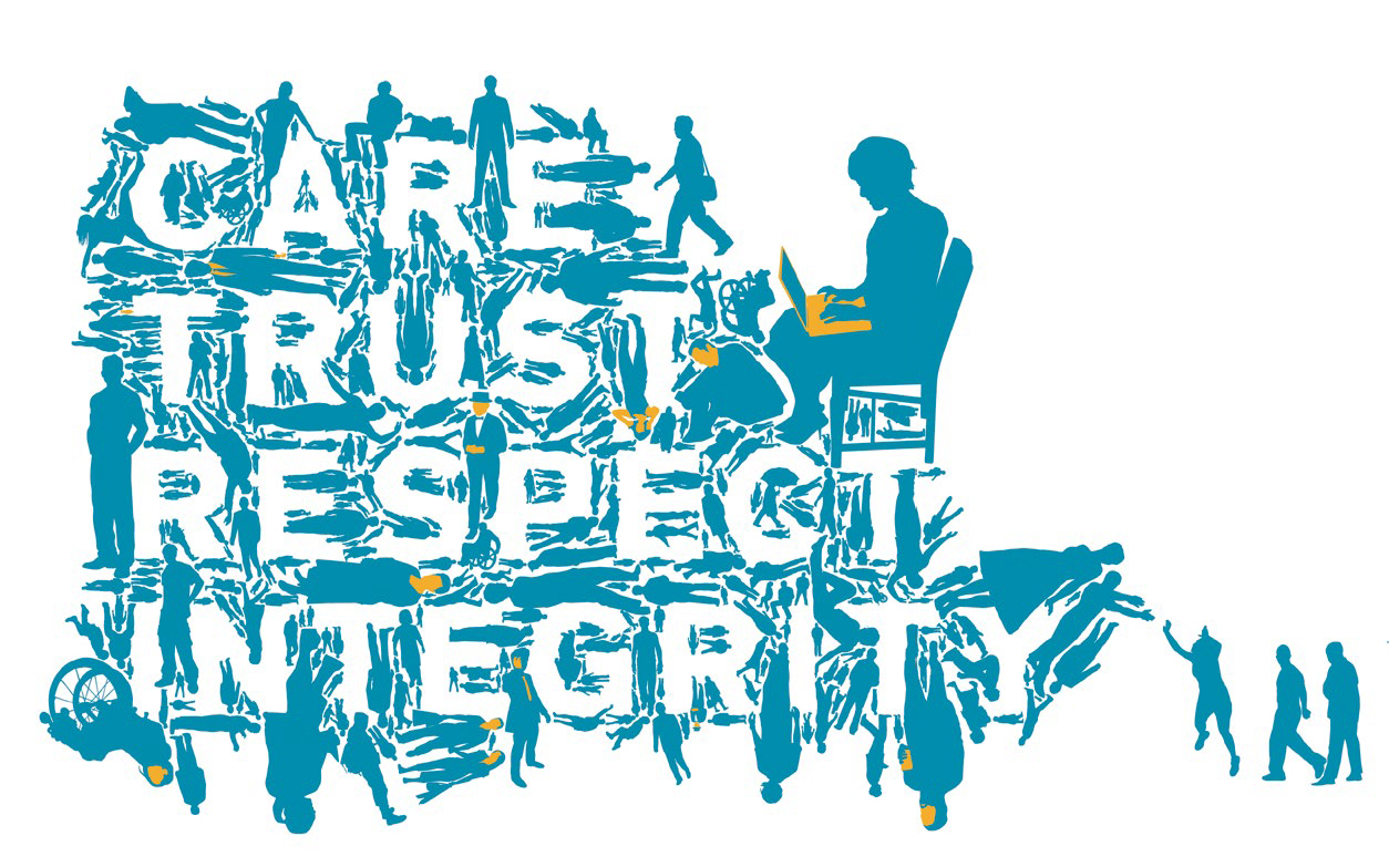 Illustrated text that says, "Care, Trust, Respect, Integrity."