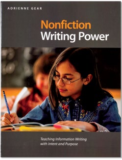 An image of the book cover for ""Nonfiction Writing Power."" The cover image is a  young student writing.