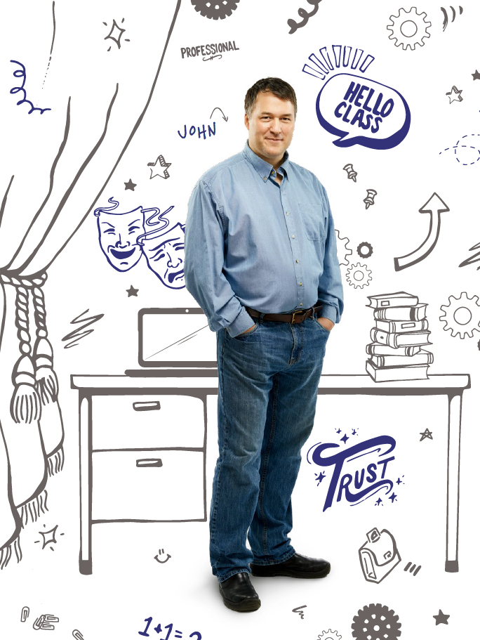 A teacher stands with hands in pockets. Behind the teacher are the illustrated words, 'professional', 'hello class' and 'trust'.