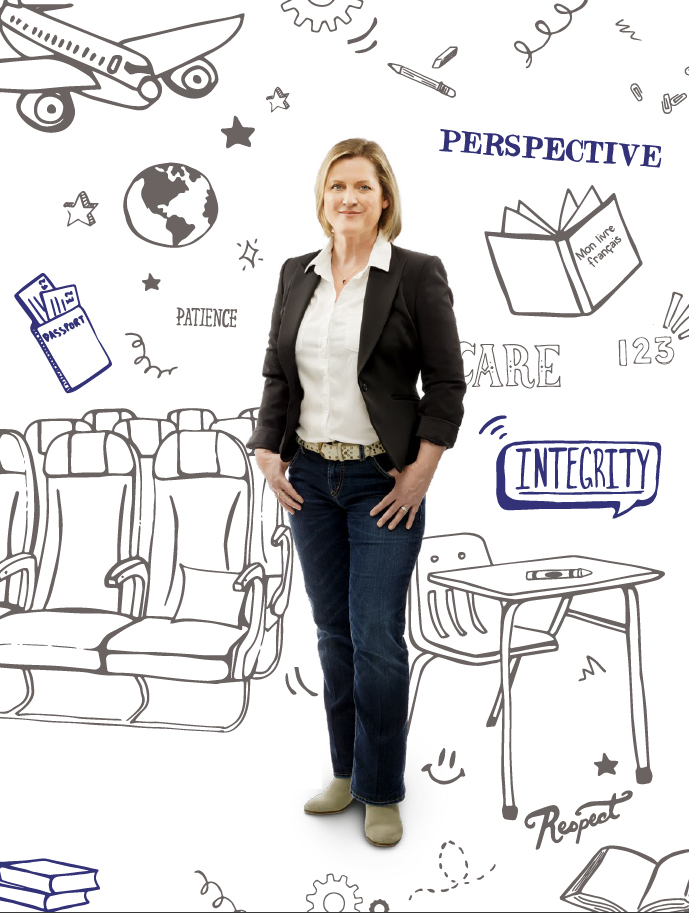 An Ontario Certified Teacher standing confidently with thumbs in pockets. The teacher is surrounded by the words, 'Patience', 'Perspective', 'Care' and 'Integrity'.