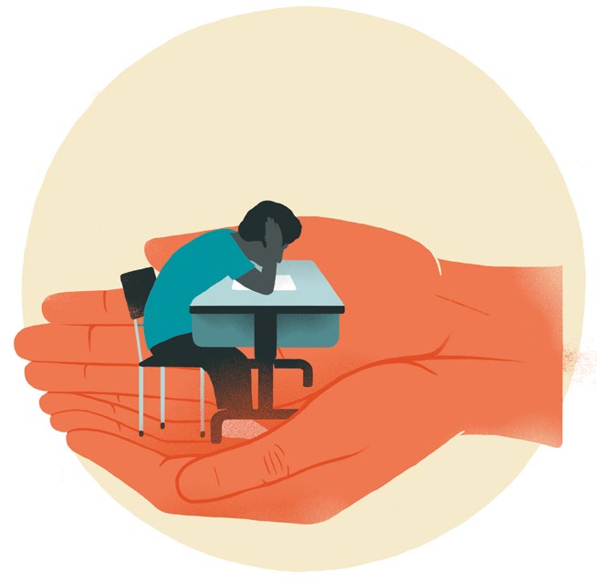 An illustration of hands holding a child at a desk. The child is sitting with head in hands.