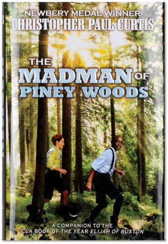 An image of the book cover for 'The Madman of Piney Woods.' The cover image is of the words 'The Madman of Piney Woods' with two teenagers walking through the woods'.