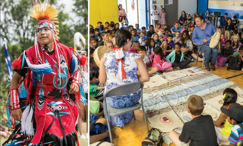 A photo of a young student in ceremonial First Nations attire and a photo of young students seated on the ground during a celebration of aboriginal culture.