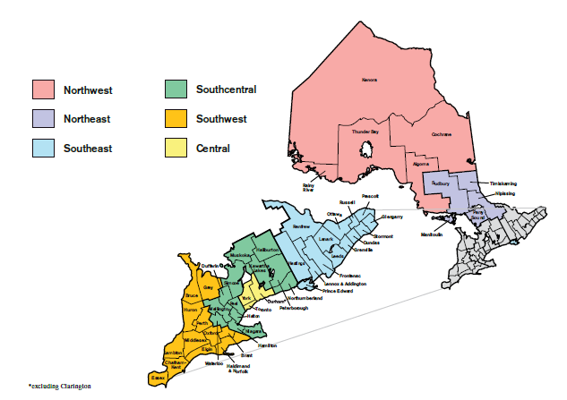 Illustration of the Ontario College of Teacher electoral ridings in Ontario. The illustration of Ontario is divided into six sections: Northwest, Northeast, Southeast, South Central, Southwest, Central.

Each of the electoral ridings are as follows:

Northwest includes Kenora, Rainy River, Thunder Bay, Cochrane and Algoma.

Northeast includes Sudbury, Timiskaming, Nipissing, Parry Sound and Manitoulin.

Southeast contains Glengarry, Prescott, Stormont, Dundas, Grenville, Leeds, Lanark, Ottawa, Russell, Renfrew, Hastings, Frontenac, Lennox and Addington and Prince Edward.

Southcentral includes Haliburton, Muskoka, Kawartha Lakes, Peterborough, Northumberland, Simcoe, Peel, Dufferin, Wellington, Waterloo, Niagara, Halton and Hamilton.

Southwest includes Grey, Bruce, Huron, Perth, Oxford, Brant, Haldimand & Norfolk, Elgin, Middlesex, Lambton, Chatham-Kent and Essex.

Central includes York, Toronto and Durham.