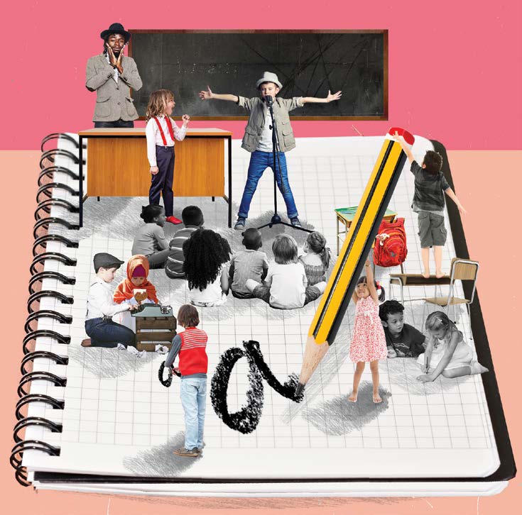 An illustrated image of a group of students doing various activities in a classroom.