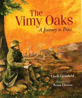 An image of the book cover for "The Vimy Oaks." The cover image is a soldier sitting outdoors.