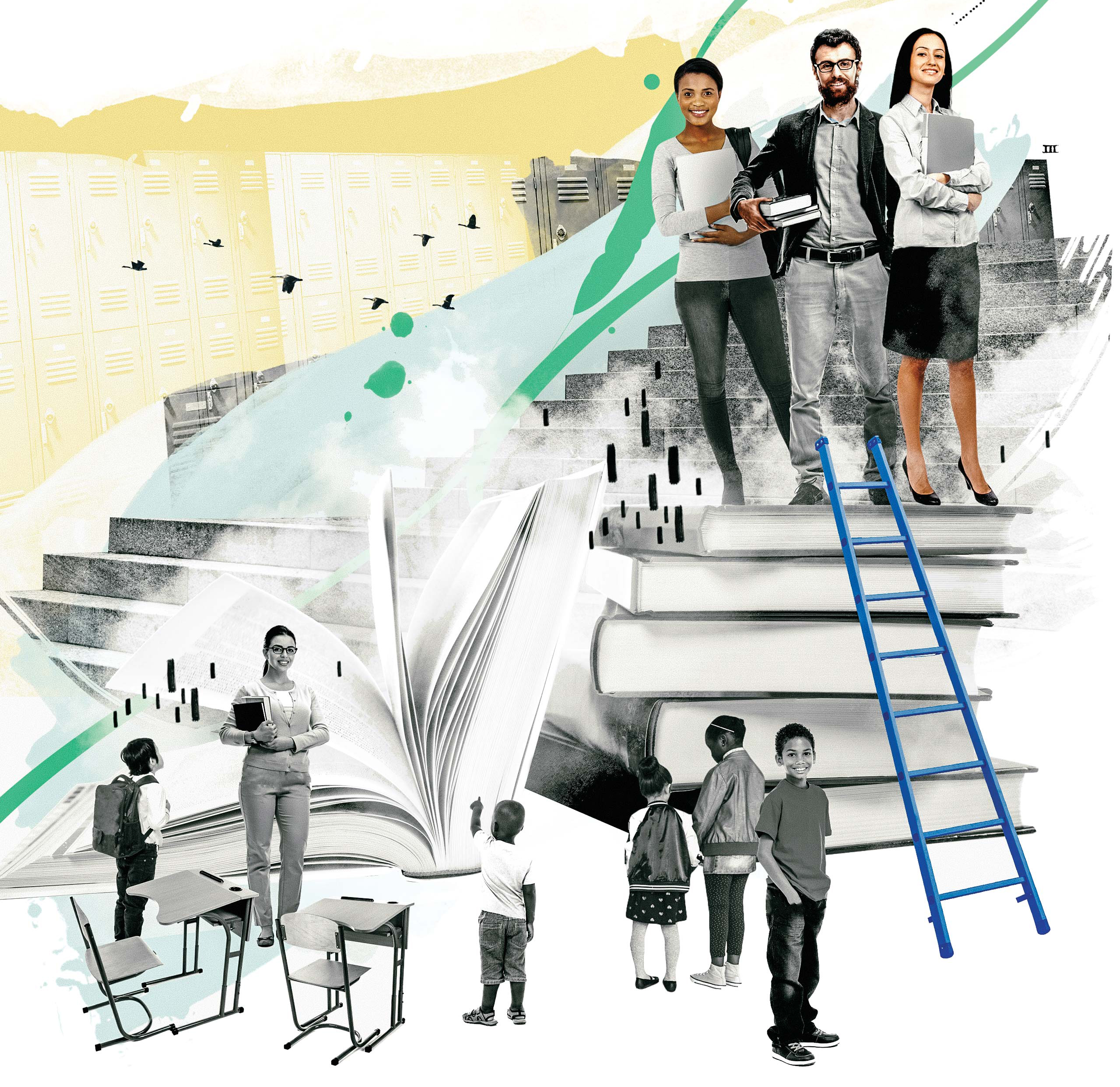 An illustration of three Ontario Certified Teachers standing on a stack of giant books. At the bottom is a classroom scene with a teacher and young students.