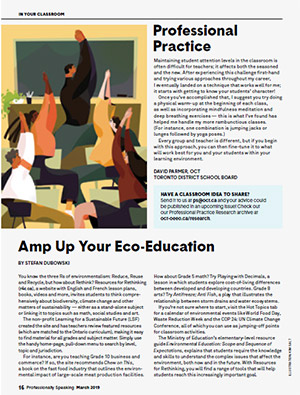 Photo of two articles from the March 2019 issue of Professionally Speaking titled 'Professional Practice' and 'Amp Up Your Eco-Education.'