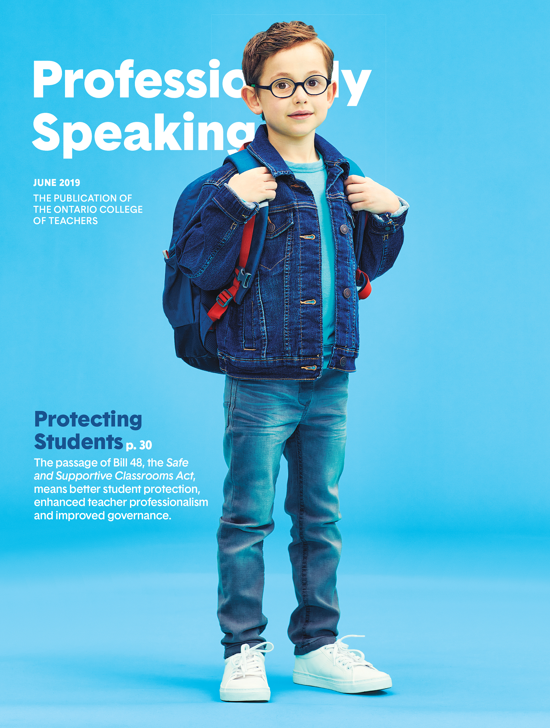 Cover of the June 2019 issue of 'Professionally Speaking' featuring a child with glasses wearing a backpack. The child is standing with both hands on the straps of the backpack.