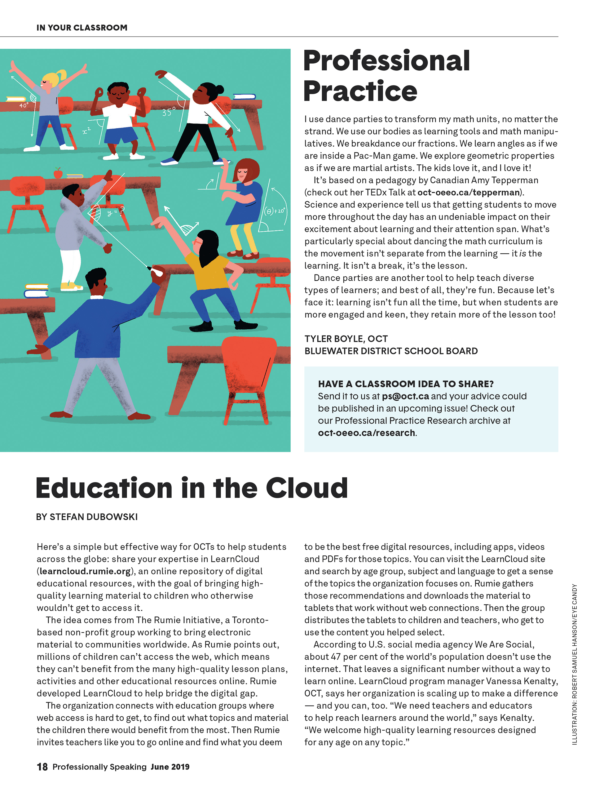 Image of an article published in the June 2019 issue of Professionally Speaking featuring an illustration of a teacher and several students moving their arms and legs.