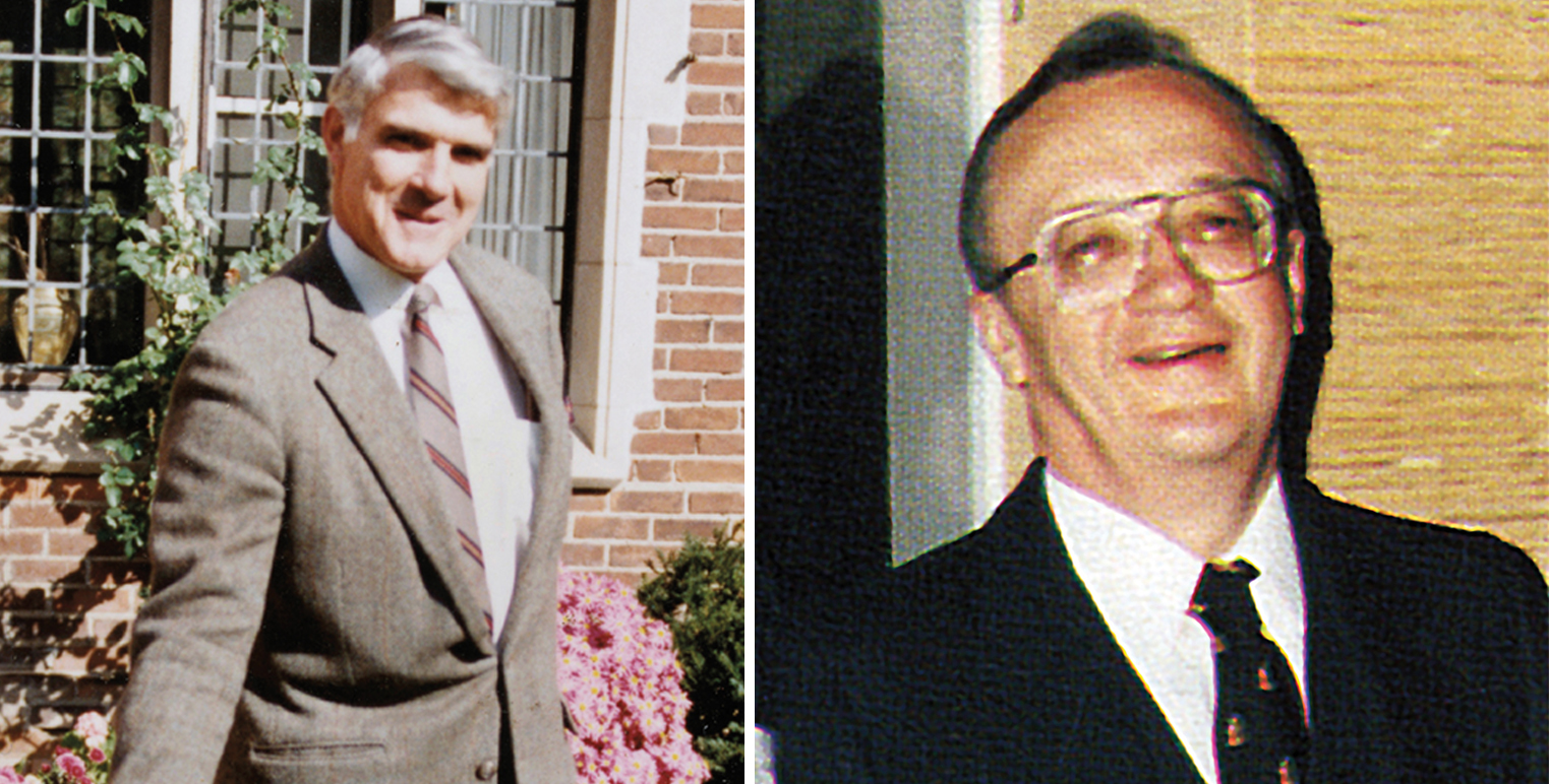 Photo of former Ridley headmaster H. Jeremy Packard smiling and standing outside a building and a photo of former assistant headmaster Maurice R. Cooke, smiling.