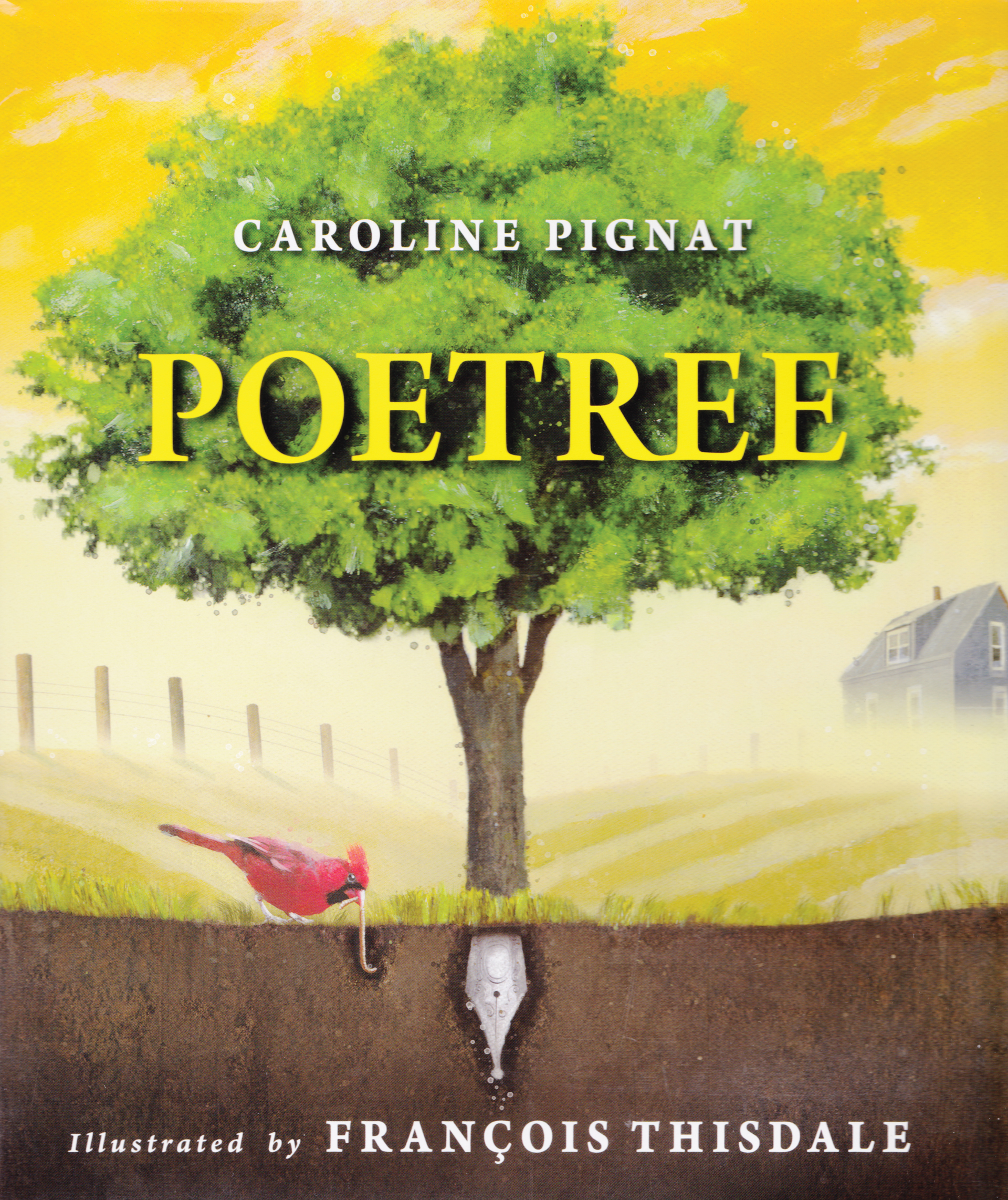 Book cover for 'Poetree.' The cover is a large tree with a bird in front, grabbing a worm with its beak.