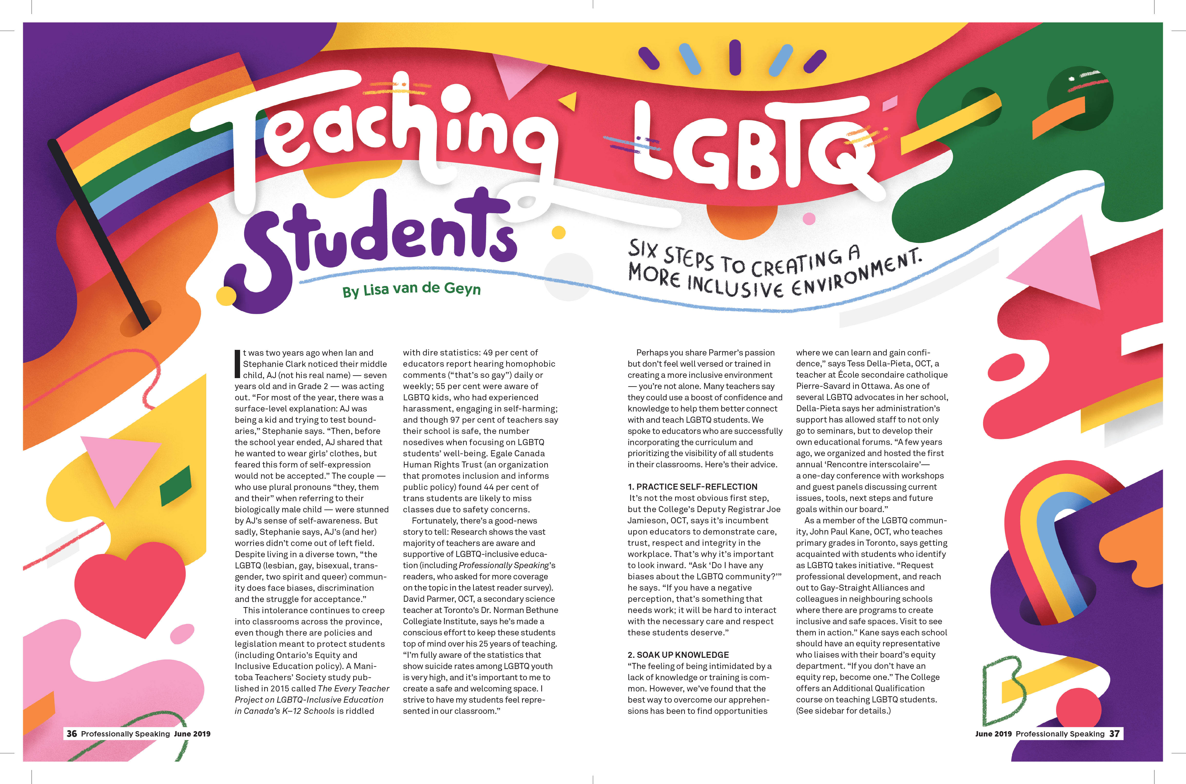 Image of an article from Professionally Speaking June 2019 titled ‘Teaching LGBTQ Students’.