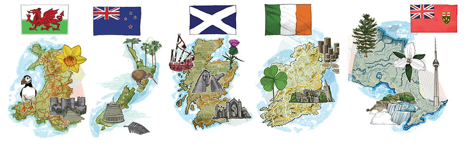 Illustration of flags and geographical representations for Wales, New Zealand, Scotland, Ireland and Ontario.