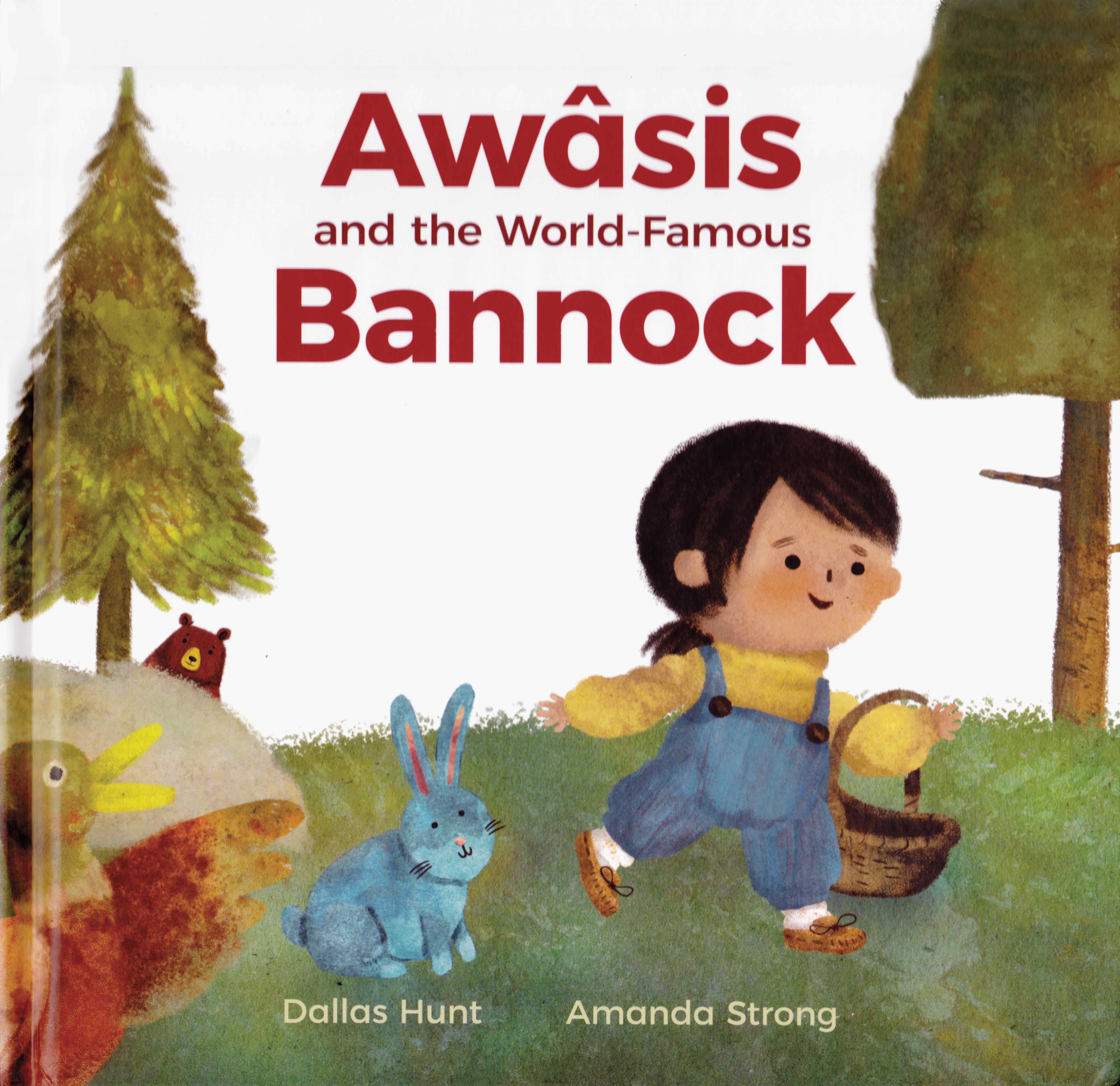 Photo of a book cover of 'Awâsis and the World-Famous Bannock.' The cover is an illustration of a person walking outside with a basket.