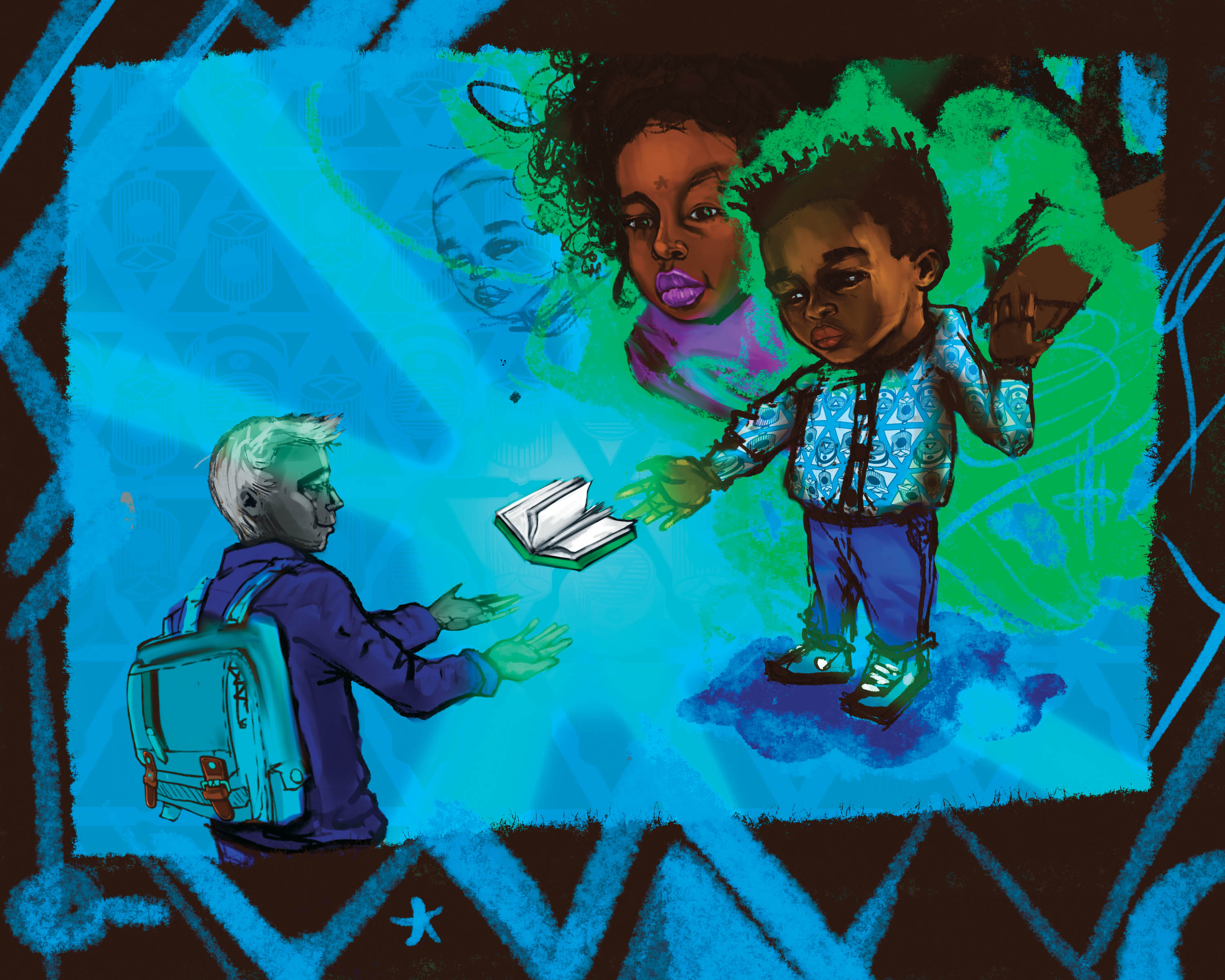 An illustration of two Black students and a teacher.