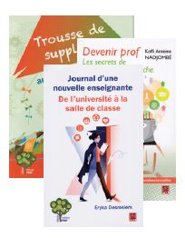 Vignette de la couverture du livre Gérer efficacement sa classe, sur laquelle figurent deux photos : la première montrant des chaises alignées derrière des bureaux d’école, et la deuxième, une enseignante qui lève la main et regarde l'objectif en souriant.

