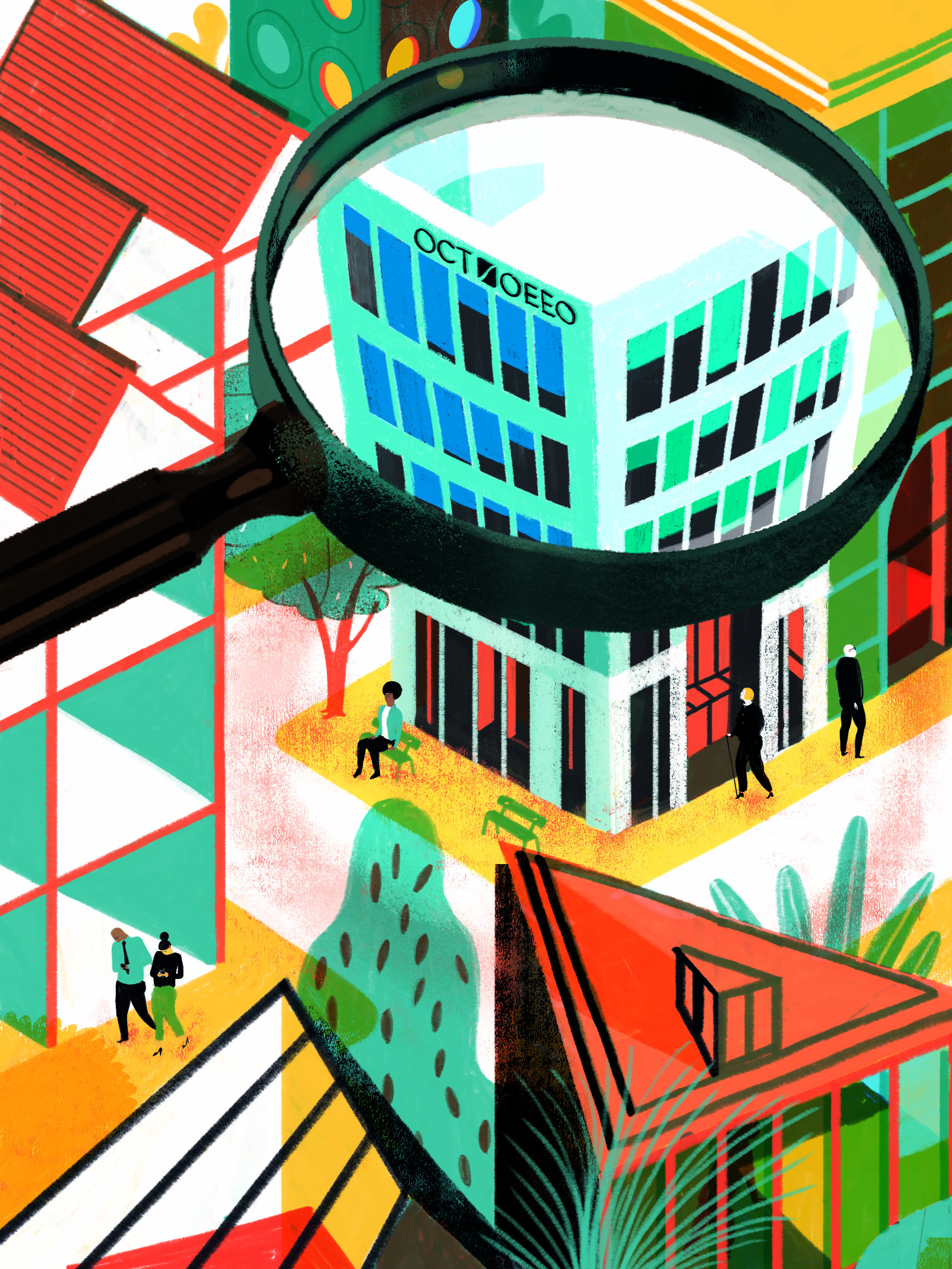 Illustration d'une loupe grossissant l'immeuble de l'Ordre de très haut.