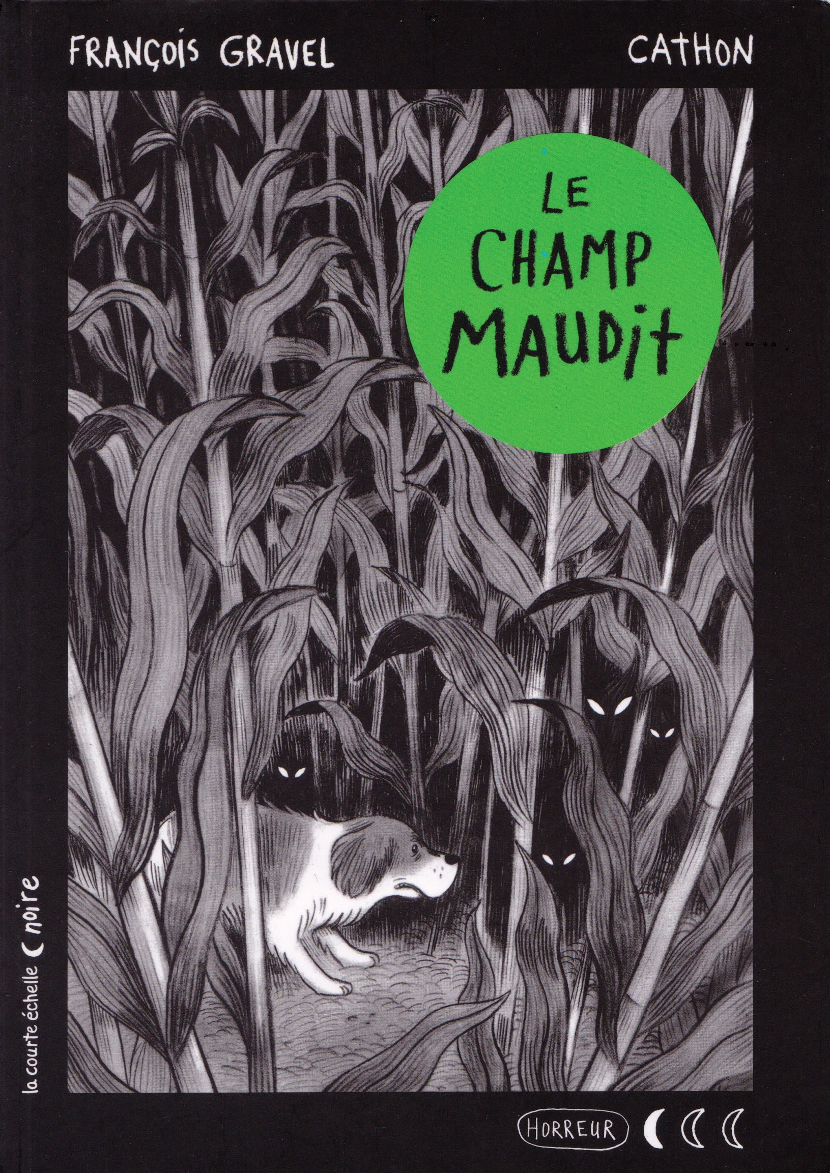 Image de la couverture du livre «Le champ maudit». La couverture est une illustration en noir et blanc d'un chien perdu au milieu d'un champ de maïs. Des yeux l'observent.