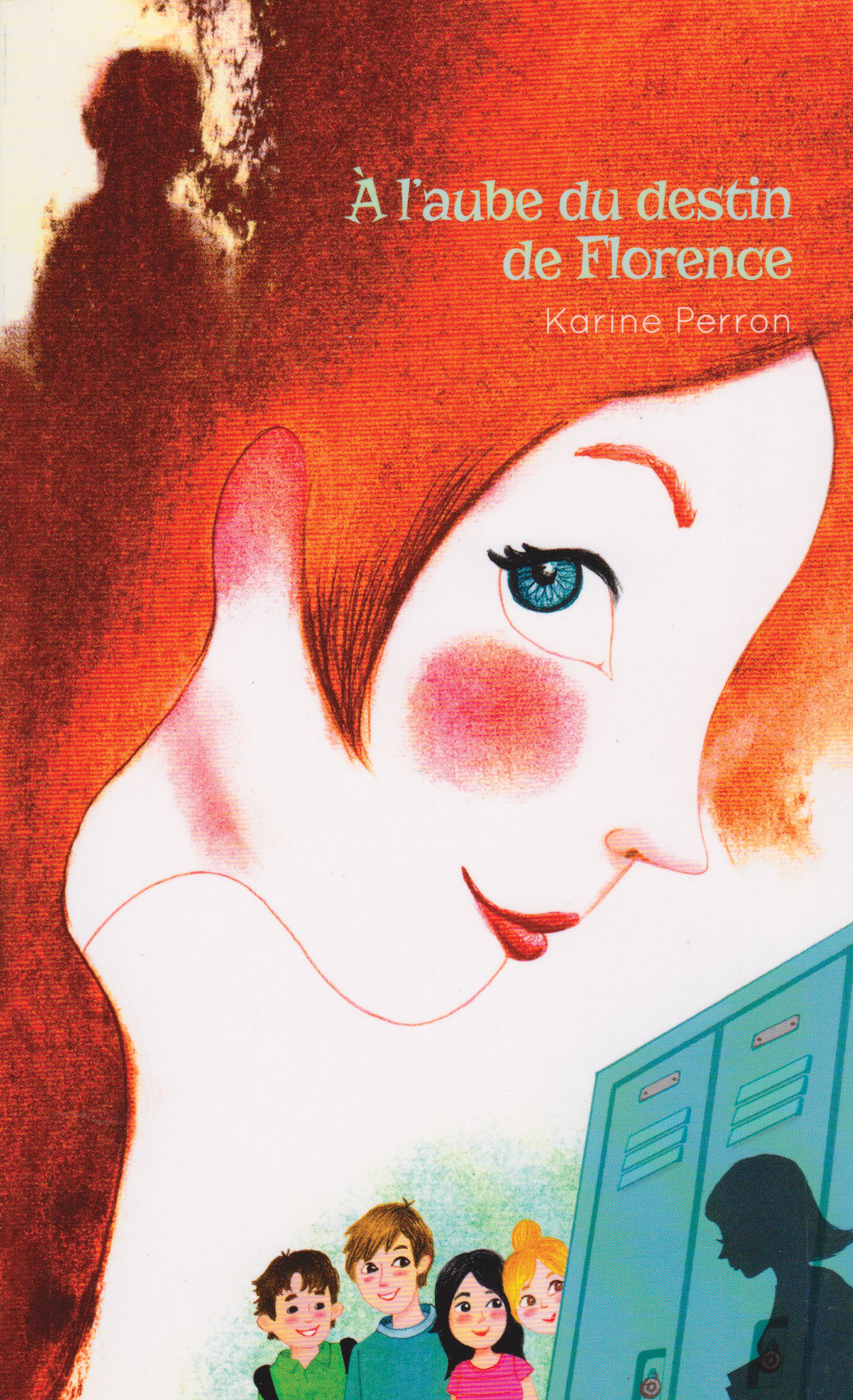 Image de la couverture du livre «À l'aube du destin de Florence». La couverture est une illustration de Florence, en gros plan. Sous son visage se trouve une illustration de casiers et d'élèves regardant l'ombre d'une autre élève.