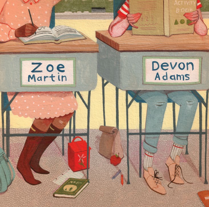 An illustrated image of two students seated at a classroom desk.