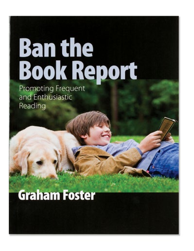 An image of the book cover for 'Ban the Book Report.' The cover image is of a student lying on the grass with a dog.