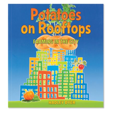 An image of the book cover for 'Potatoes on Rooftops.' The cover image is of a cartoon city with potatoes growing out of it.