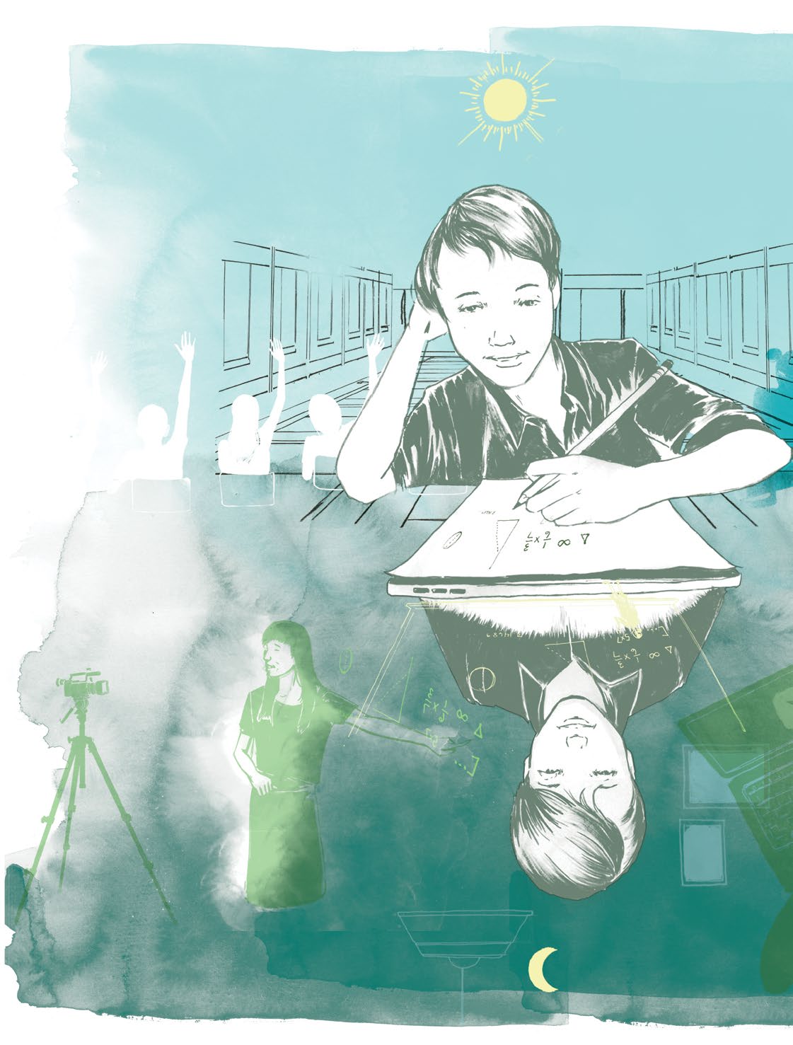 An illustrated image of a student working on math problems at a desk. Below the student is a teacher being filmed while pointing to a math problem on the blackboard.