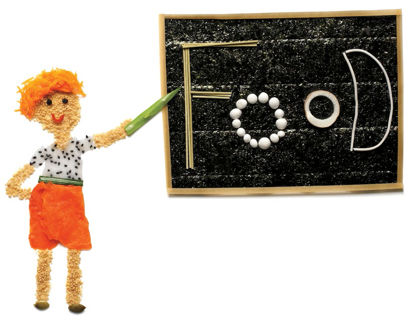 An image created out of various food items. There is a student made out of fruit and vegetables pointing to a blackboard that says, 'food.'