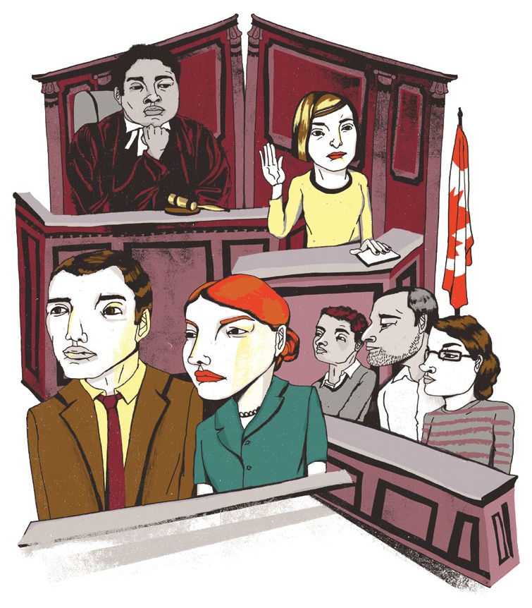 An illustrated image of teachers in a courtroom. One teacher is swearing an oath in front of a judge.