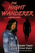 An image of the book cover for ''The Night Wanderer.'' The cover image is a silhouette of a person walking at night.