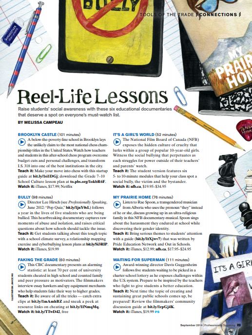 An image of an article from 'Professionally Speaking' titled, 'Reel-Life Lessons.'