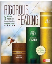 An image of the book cover for 'Rigorous Reading.' The cover image is of a cartoon student climbing enormous books.