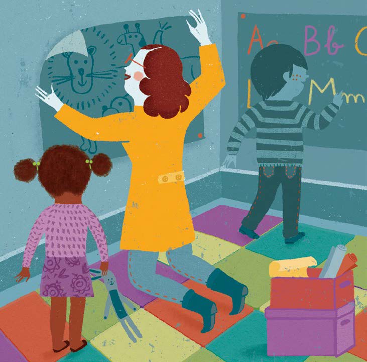 An illustrated image of a teacher pinning a childlike drawing of animals to the wall. There is a young student watching her. Another student is pointing at alphabet letters on the opposing wall.