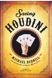 An image of the book cover for ""Saving Houdini."" The cover image is a hand holding four cards."