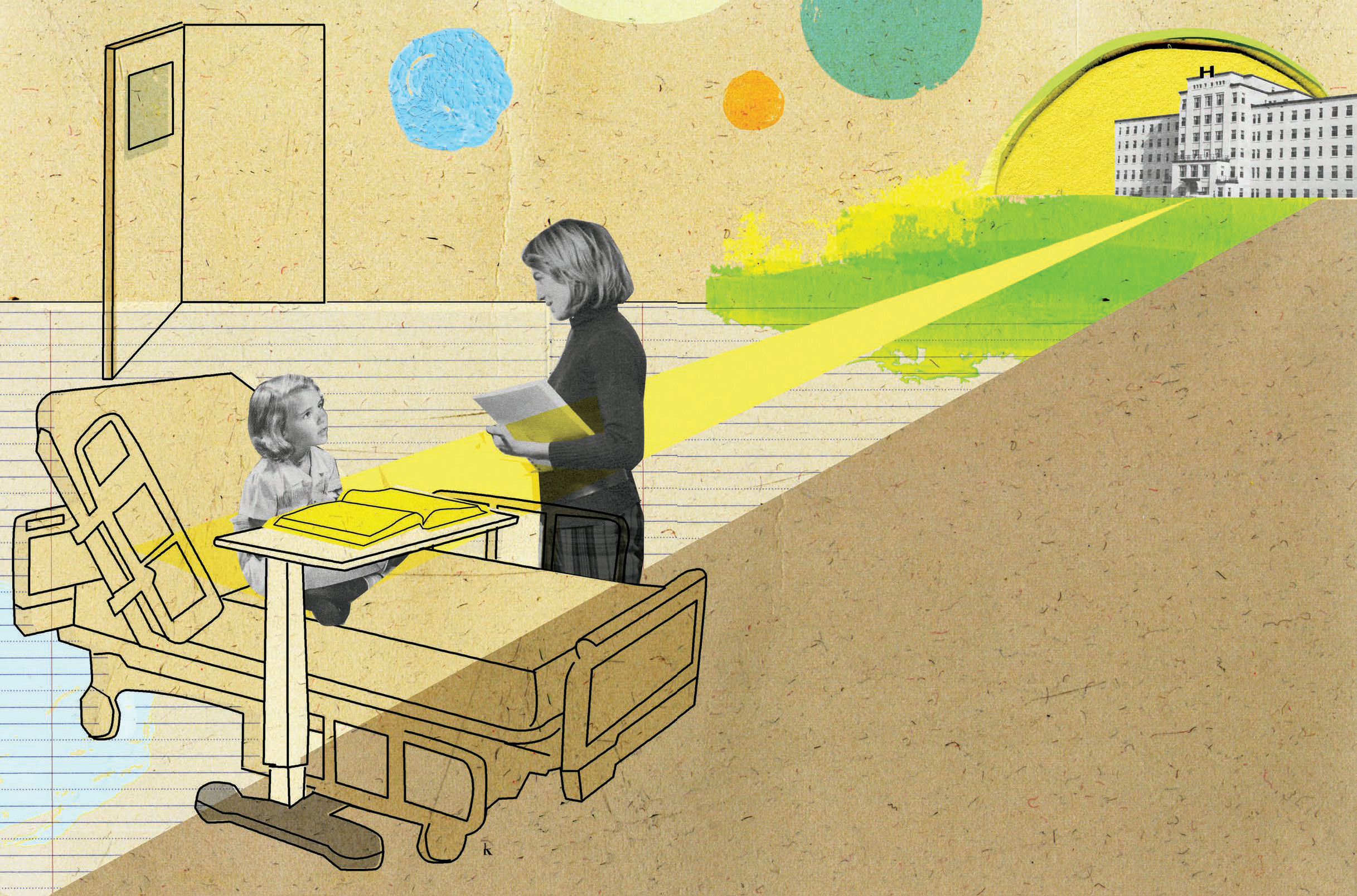 Illustrated image of a child sitting in a hospital bed. A table is stretched across the bed and there is an open book on it. A yellow beam of light shines across the image and onto the book. There is also a teacher standing in front of the child. The teacher is holding a book and speaking to the child.