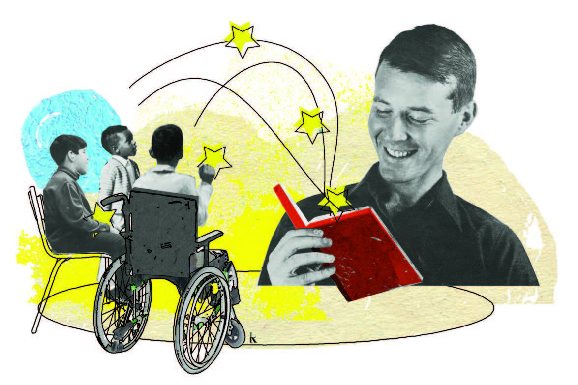 Illustrated image of a teacher reading a book to three students. One of the students is in a wheelchair.