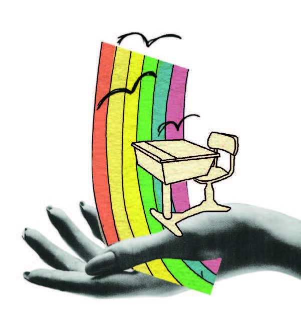 Illustrated image of a hand holding a school desk. There is a rainbow projecting from the palm of the hand. At the end of the rainbow there are three birds flying.