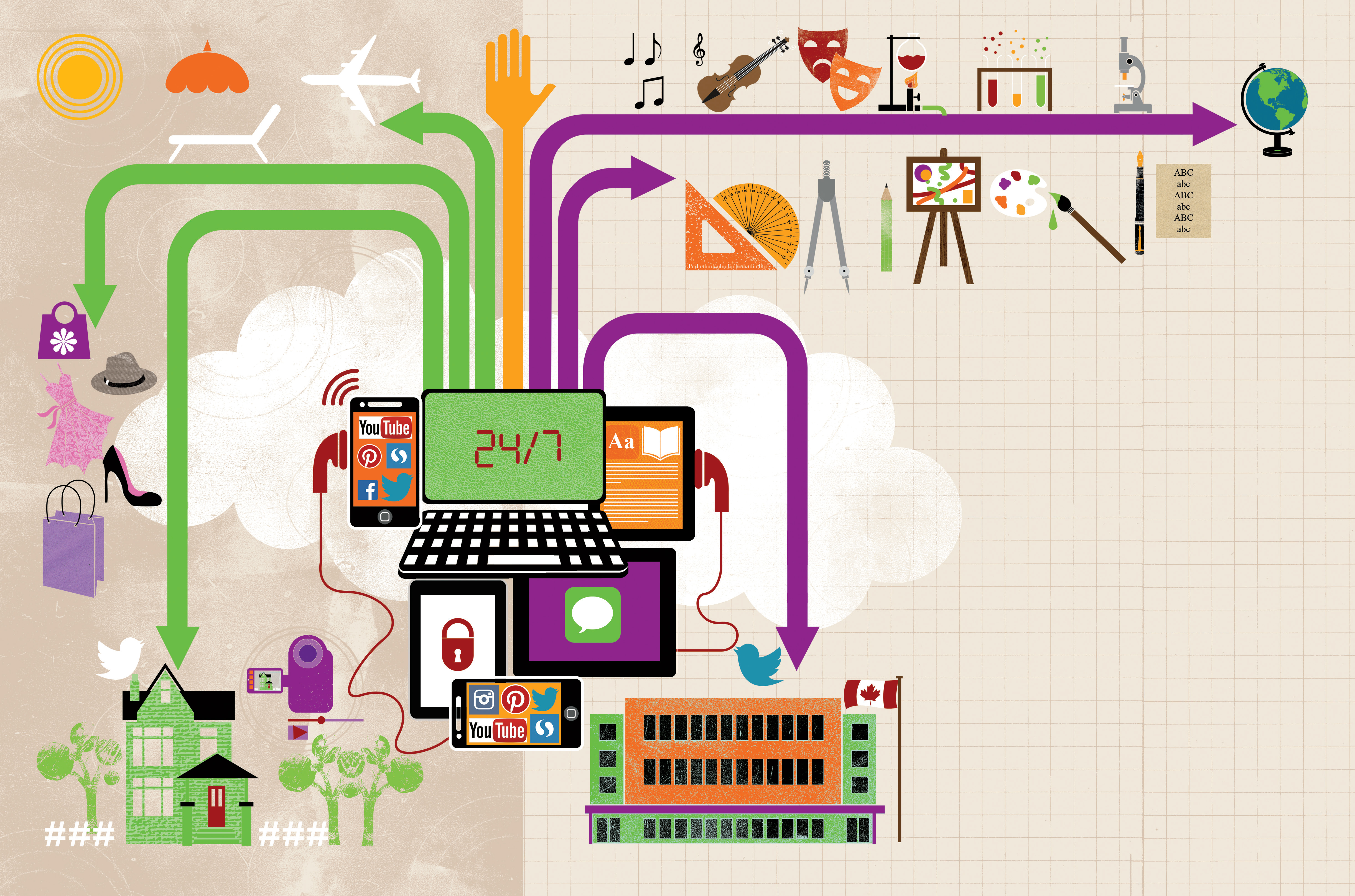 Illustrated image of a laptop, tablet and smartphone. There are coloured lines projecting from the devices. The lines are pointing to a house, a school and various classroom supplies.