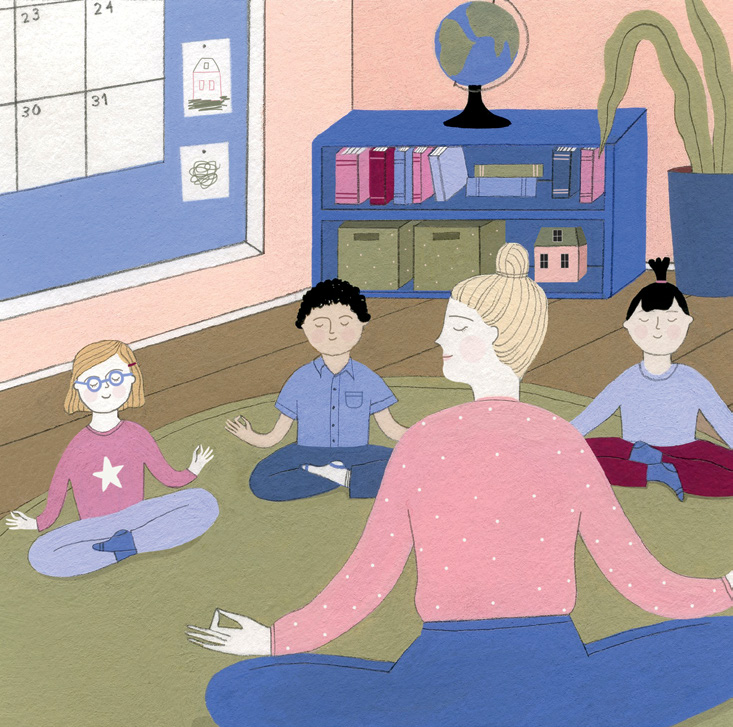 An illustrated image of a teacher seated in lotus position with eyes closed. The teacher is surrounded by three students who are also seated with eyes closed in lotus position. The group is meditating in a classroom.