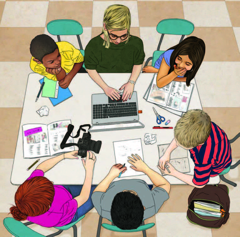 An illustrated image of a group of students seated at a table. The students are working together on a project.