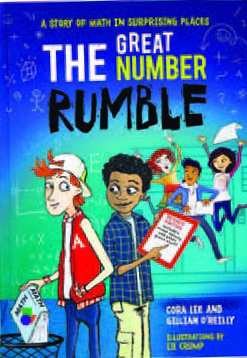 An image of the book cover for "The Great Number Rumble." The cover images is a collection of animated students.