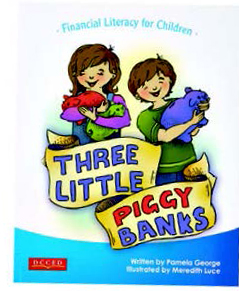 An image of the book cover for "Three Little Piggy Banks." The cover images is of two illustrated children.